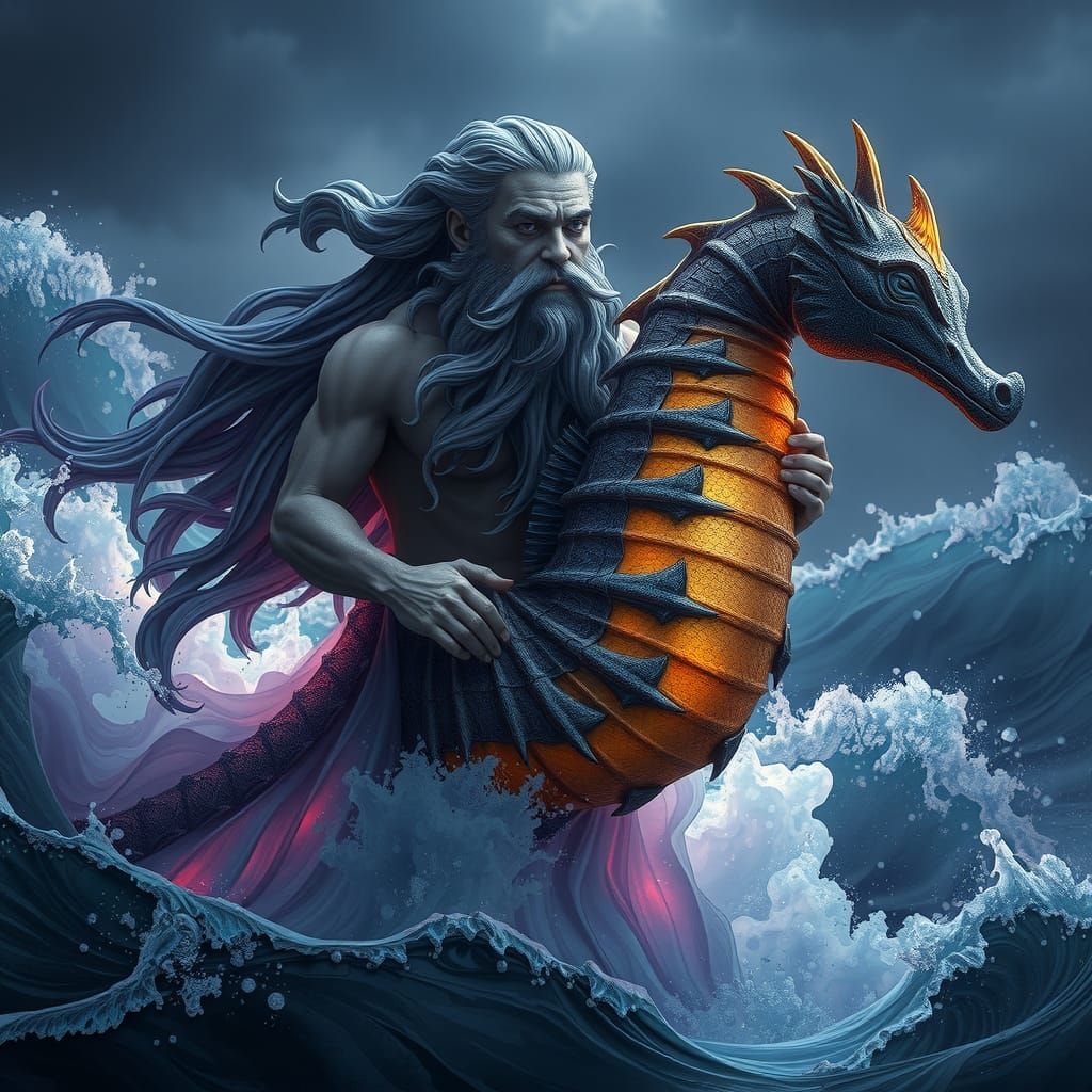 Poseidon Emerges from the Sea in Dark Fantasy Style