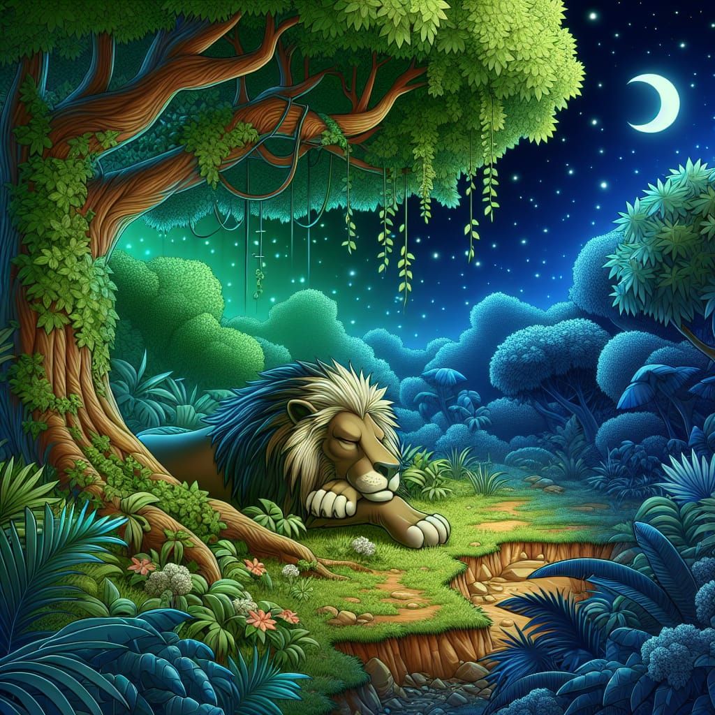 Cartoon Lion Sleeping in Jungle Night