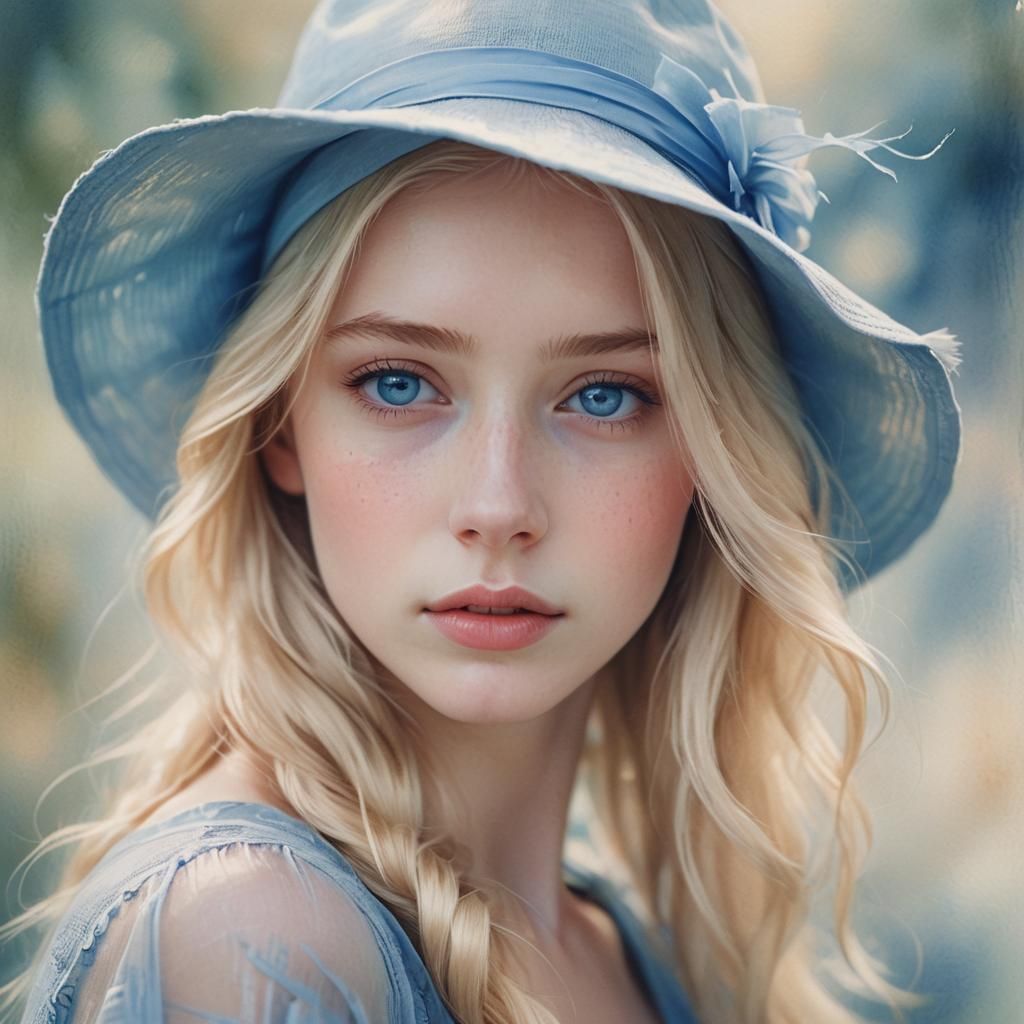 Dreamy Portrait of a Blonde Girl in Watercolor Style