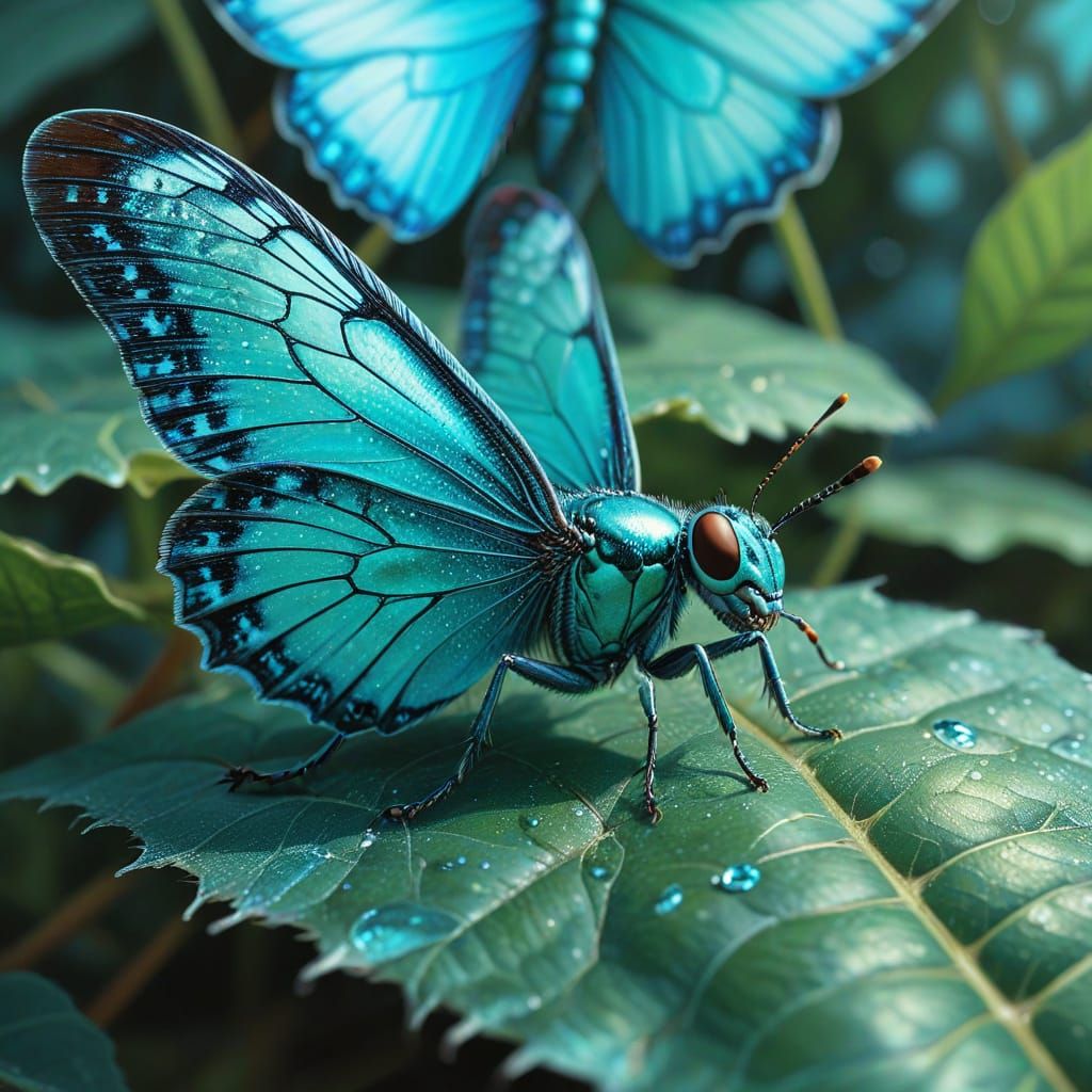 Iridescent Bugs on Leaf in Turquoise Hues