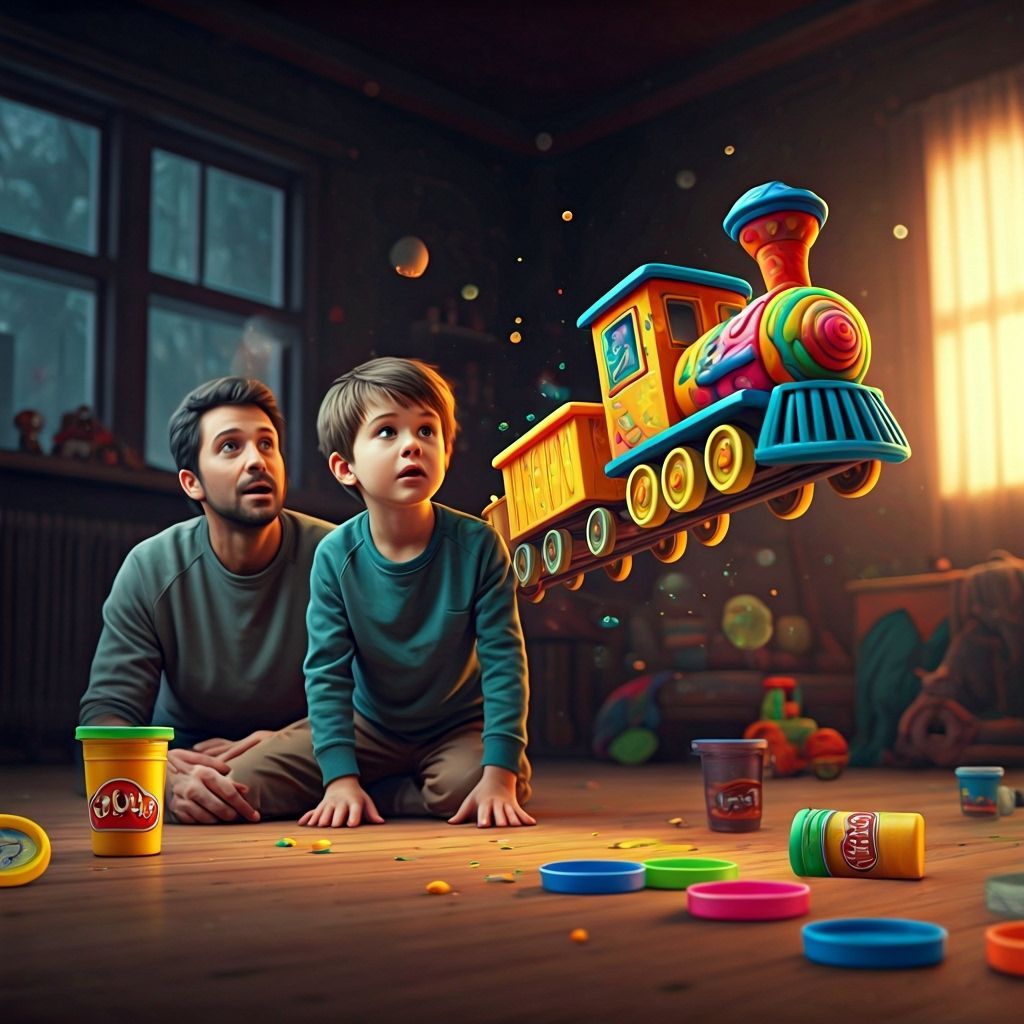 Playdough Train Levitates in Cozy Living Room: Surreal Digit...