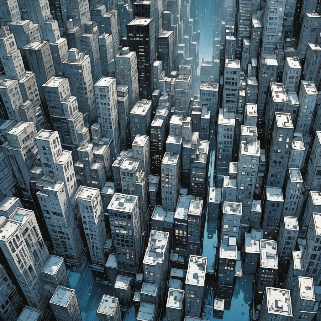 Abstract Monochromatic Cityscape in Blue and White