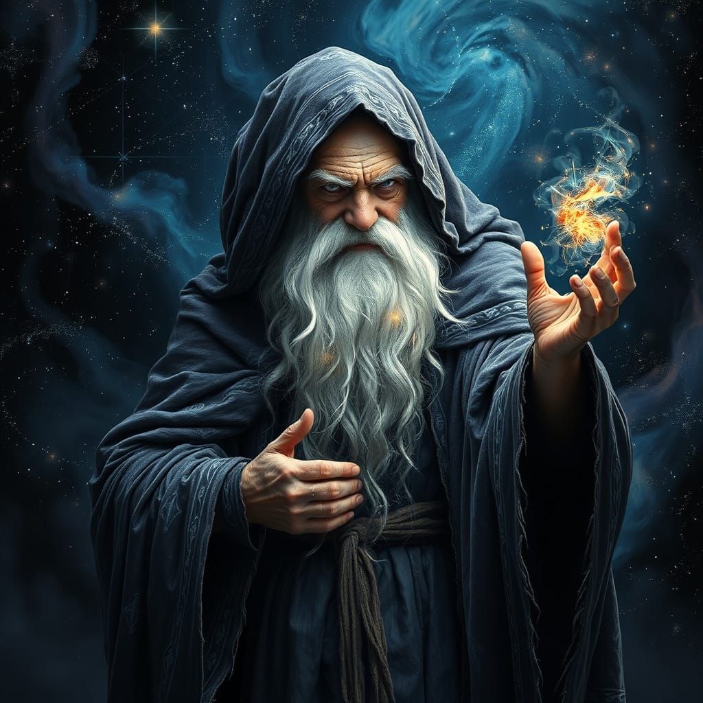 Ethereal Wizard Conjures Arcane Magic in Cosmic Void