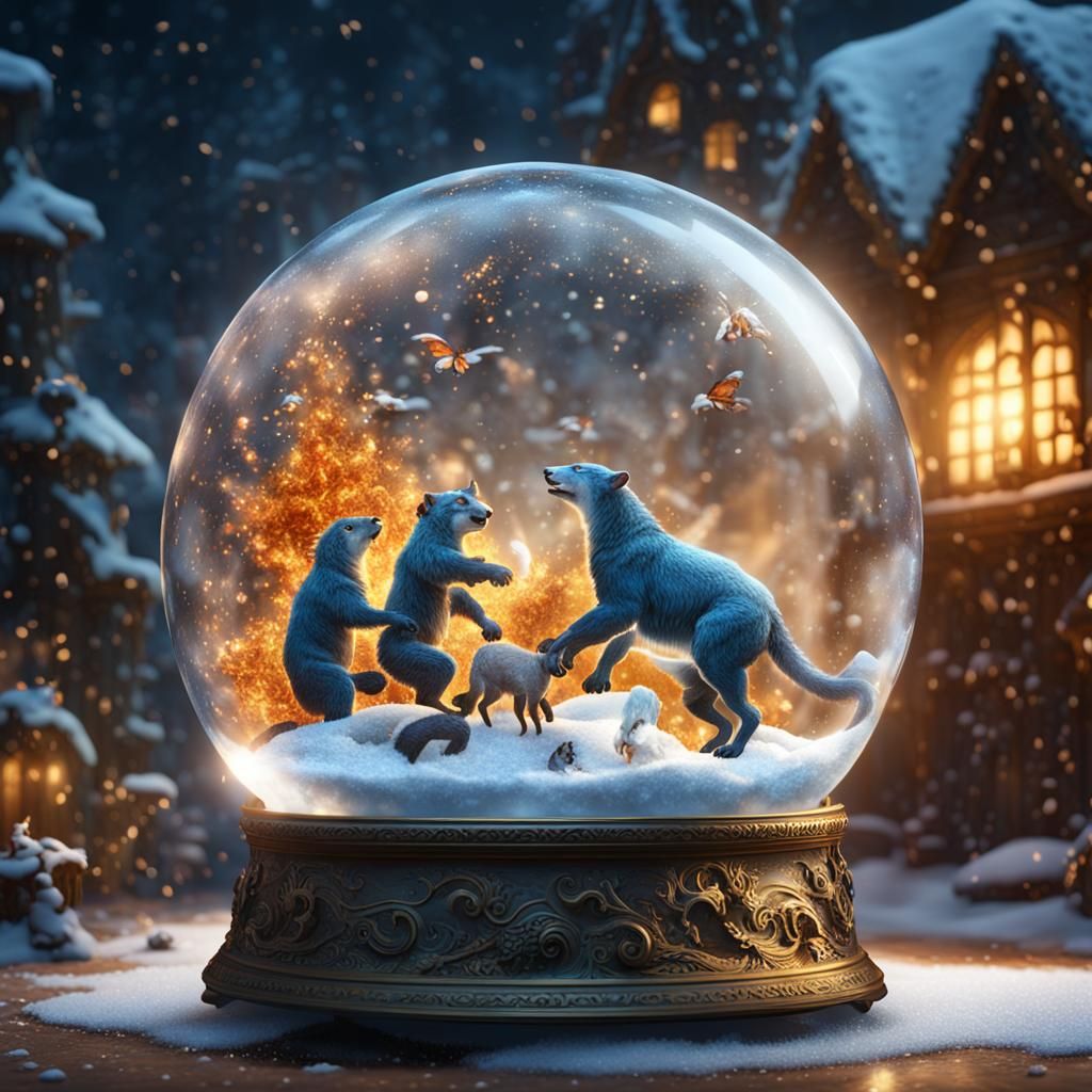 Fiery Animal Battle Inside Detailed Snow Globe