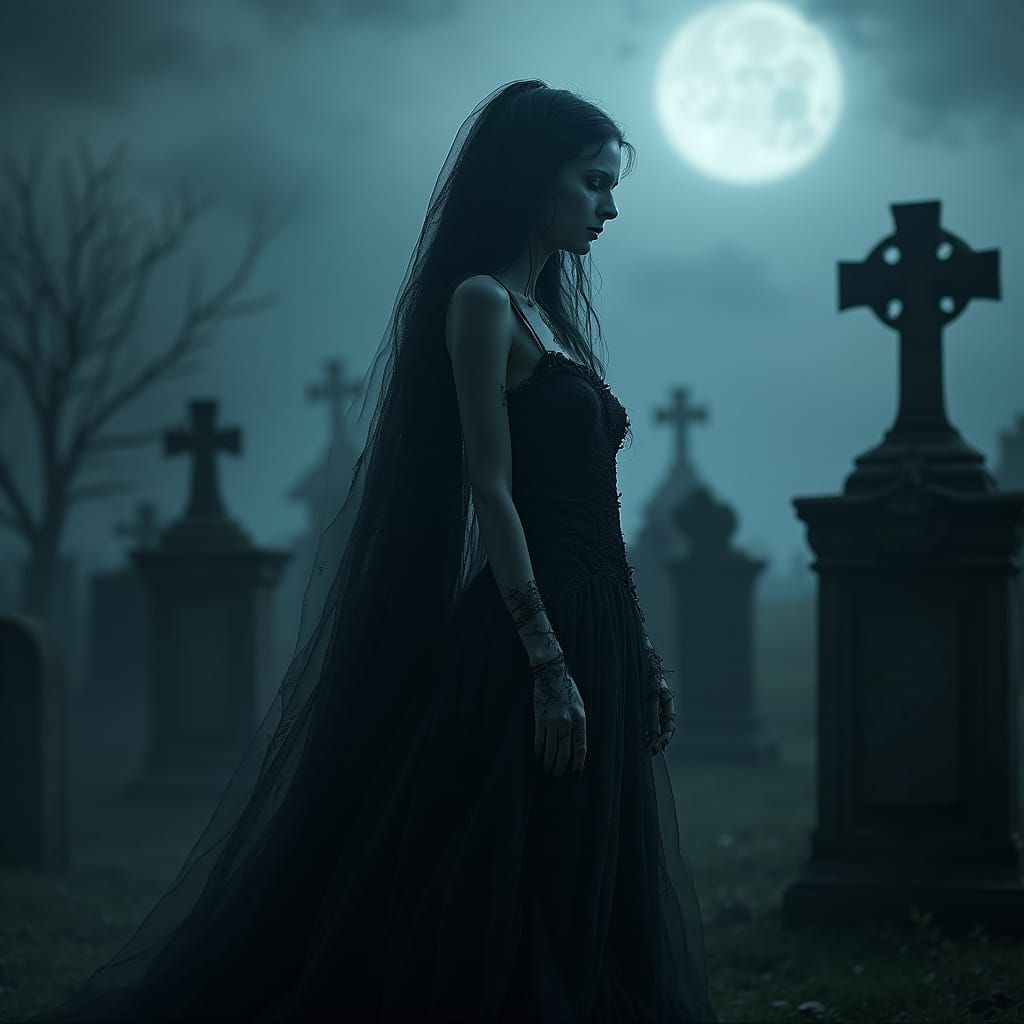 Macabre Bride in Moonlit Graveyard