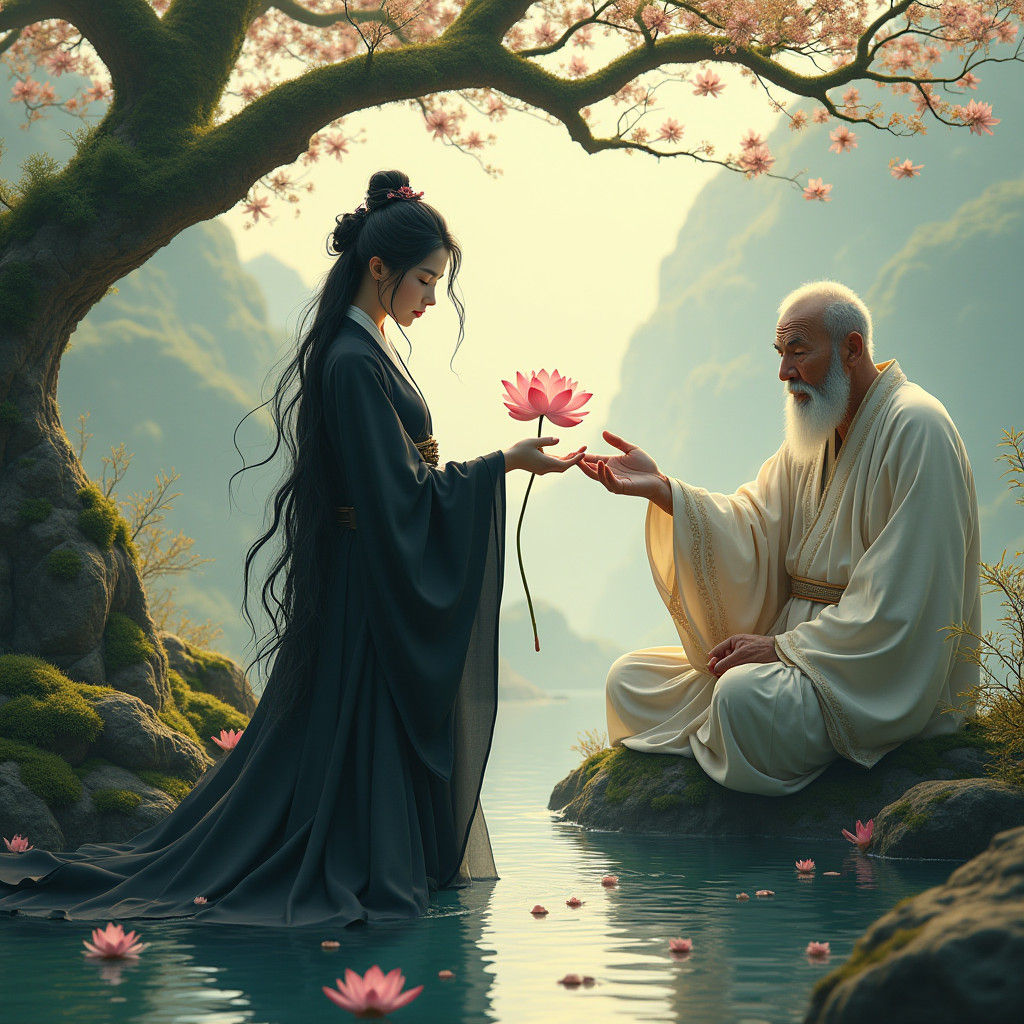 Mystical Maiden and Sage by Stream in Surreal Style