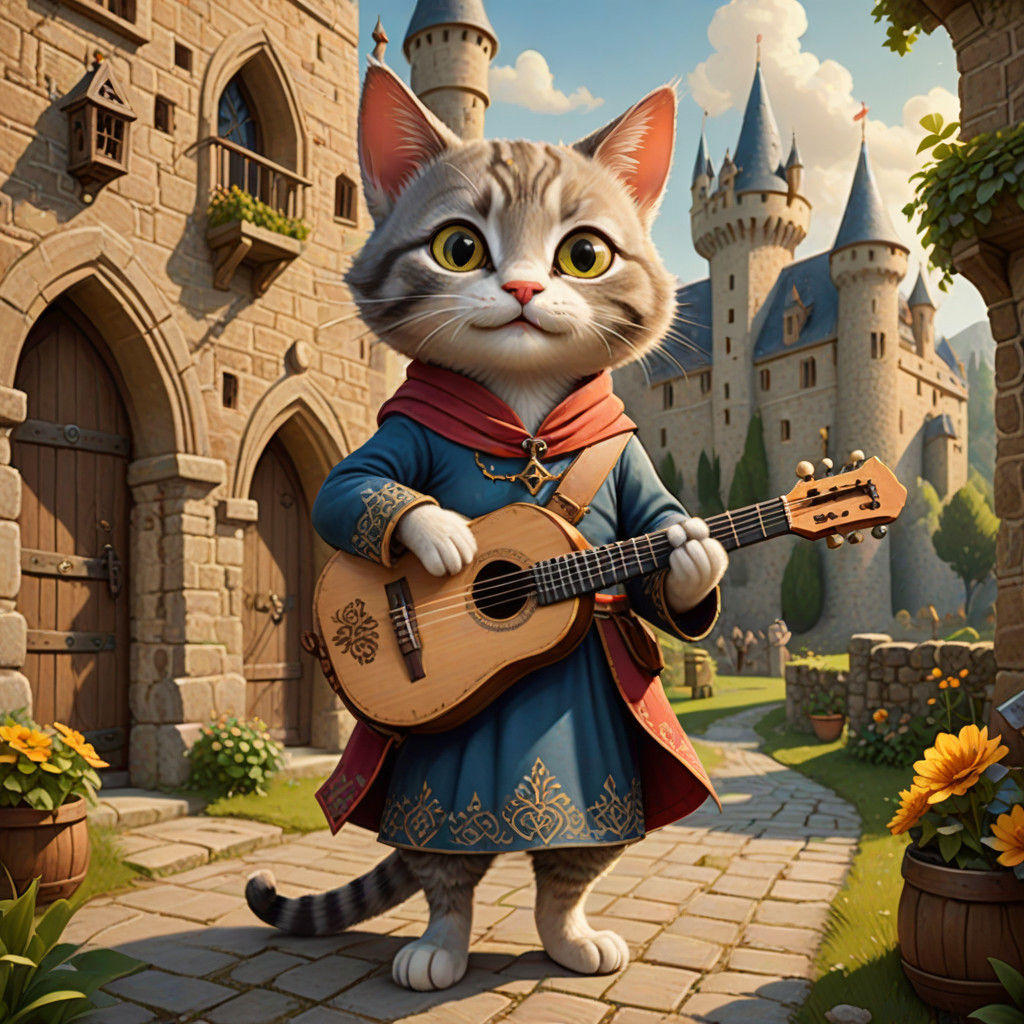 Anthropomorphic Cat Performs Medieval Lute in Charming Castl...