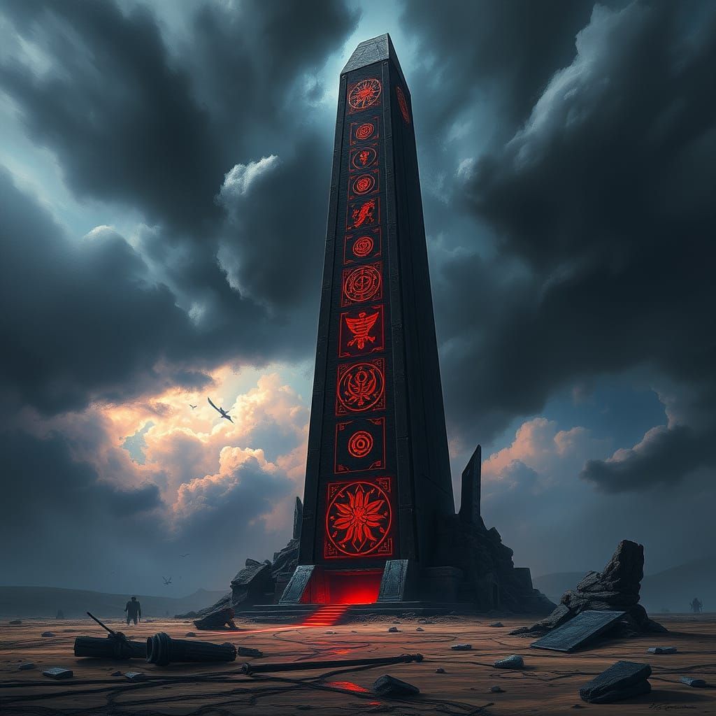Colossal Obsidian Obelisk with Glowing Glyphs in Dark Fantas...