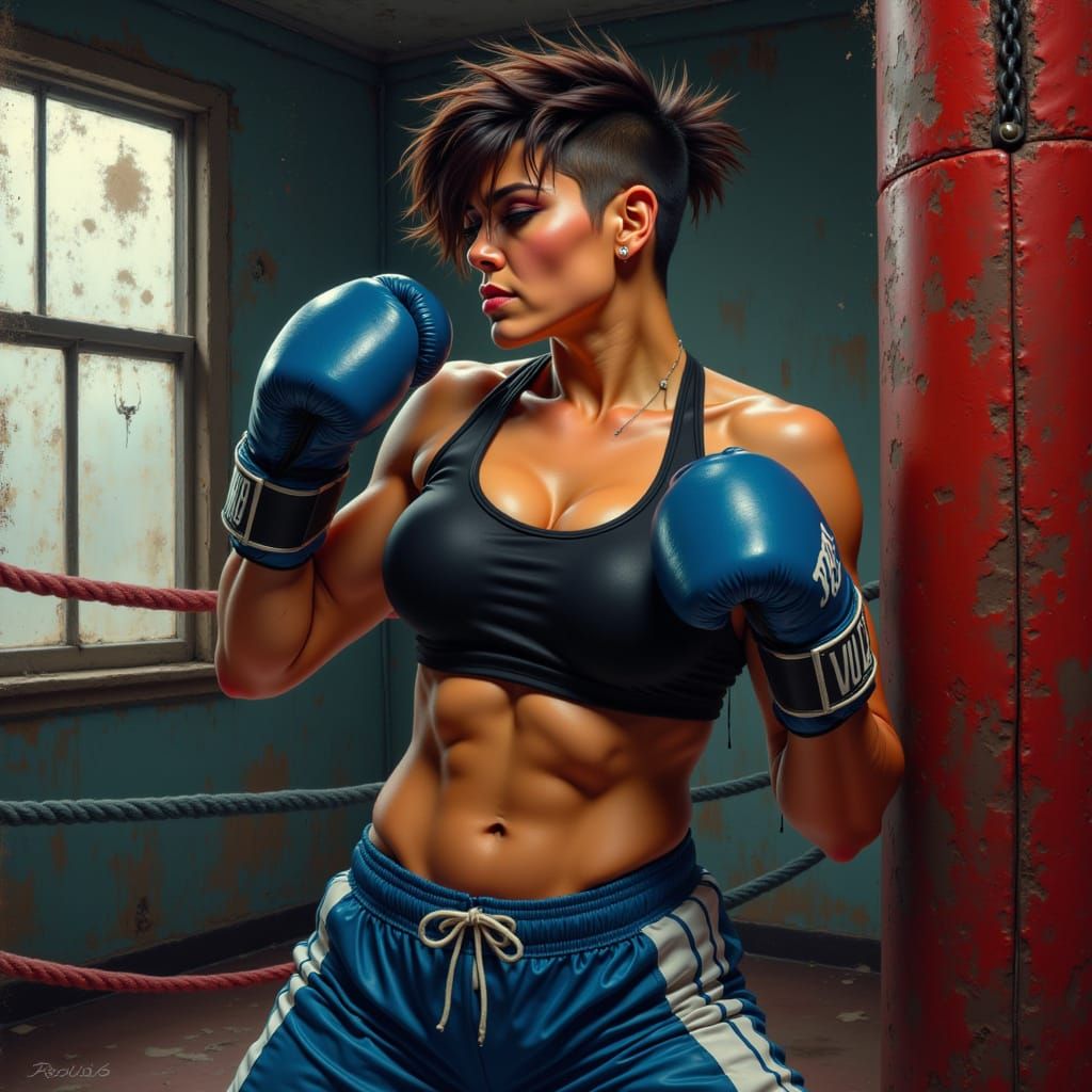 Muscular Female Boxer Training in Bold Pulp Comic Style