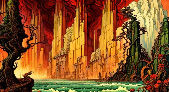 Alien Pandora Landscape with Volcano and Ruins