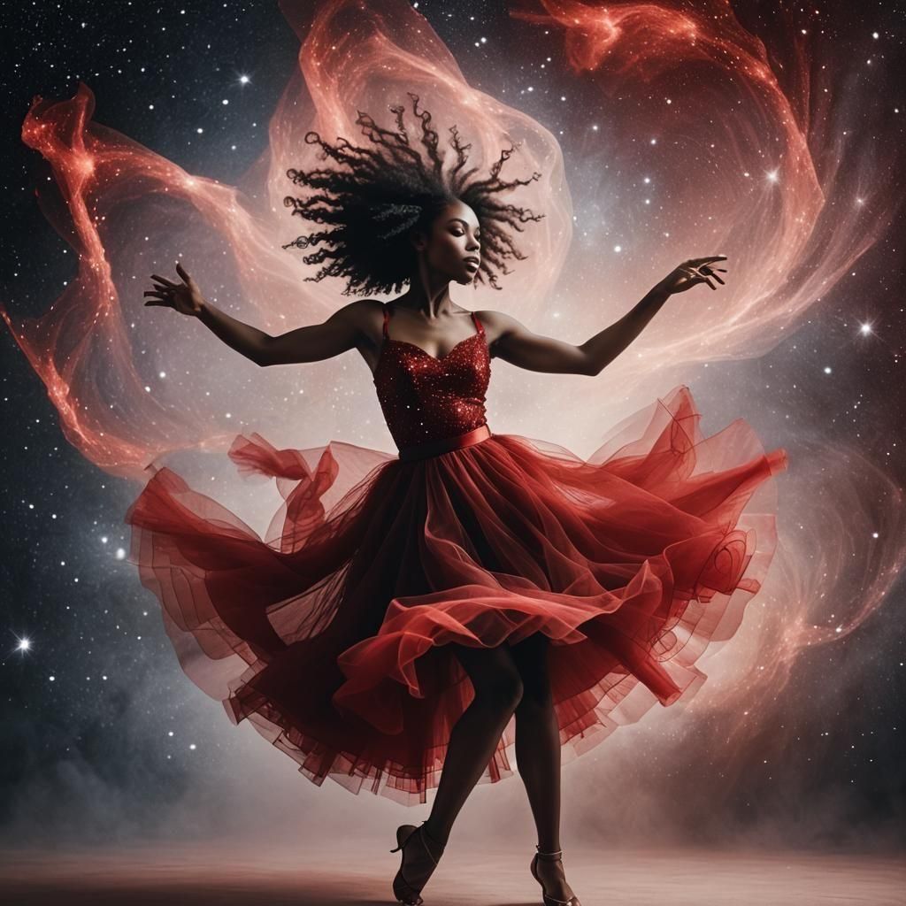 Ethereal Black Woman Dancing in Red Tulle