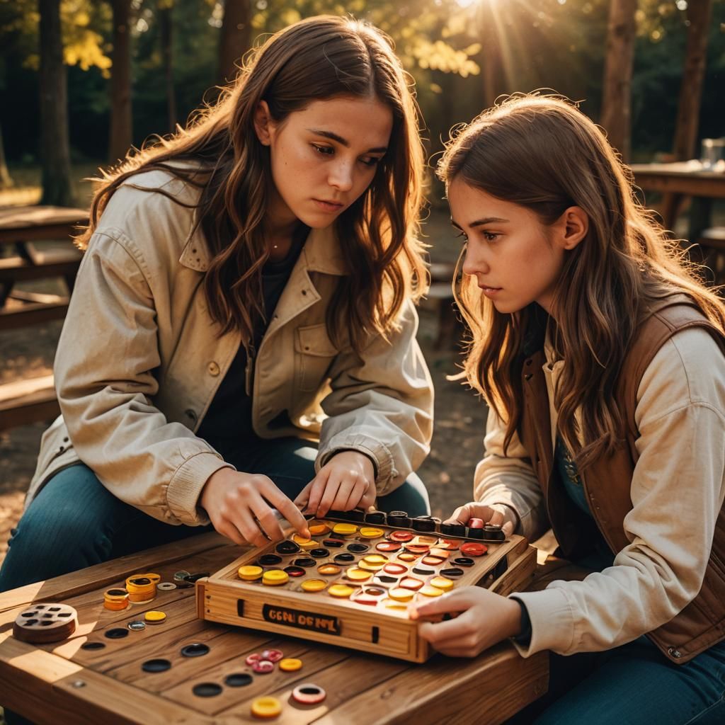 Girls Play Connect Four in Cinematic Film Still