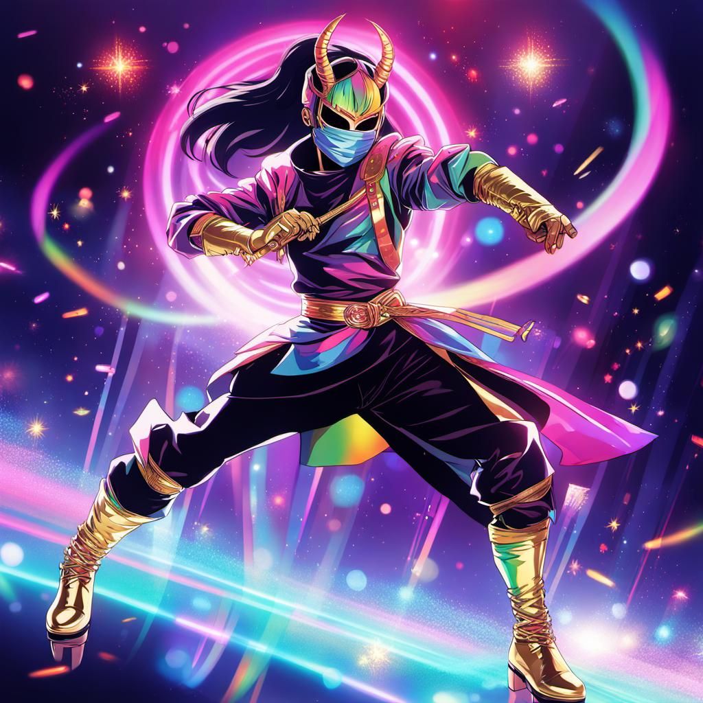 Rainbow Ninja Woman in 90s Anime Style