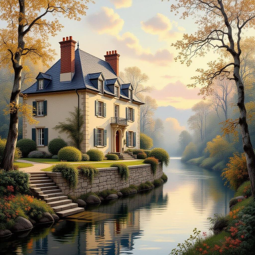 Romantic Impressionist Manor House by River