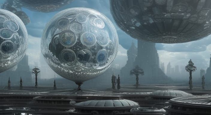 High-tech circle clusters in mysterious glass spheres on a foreign world