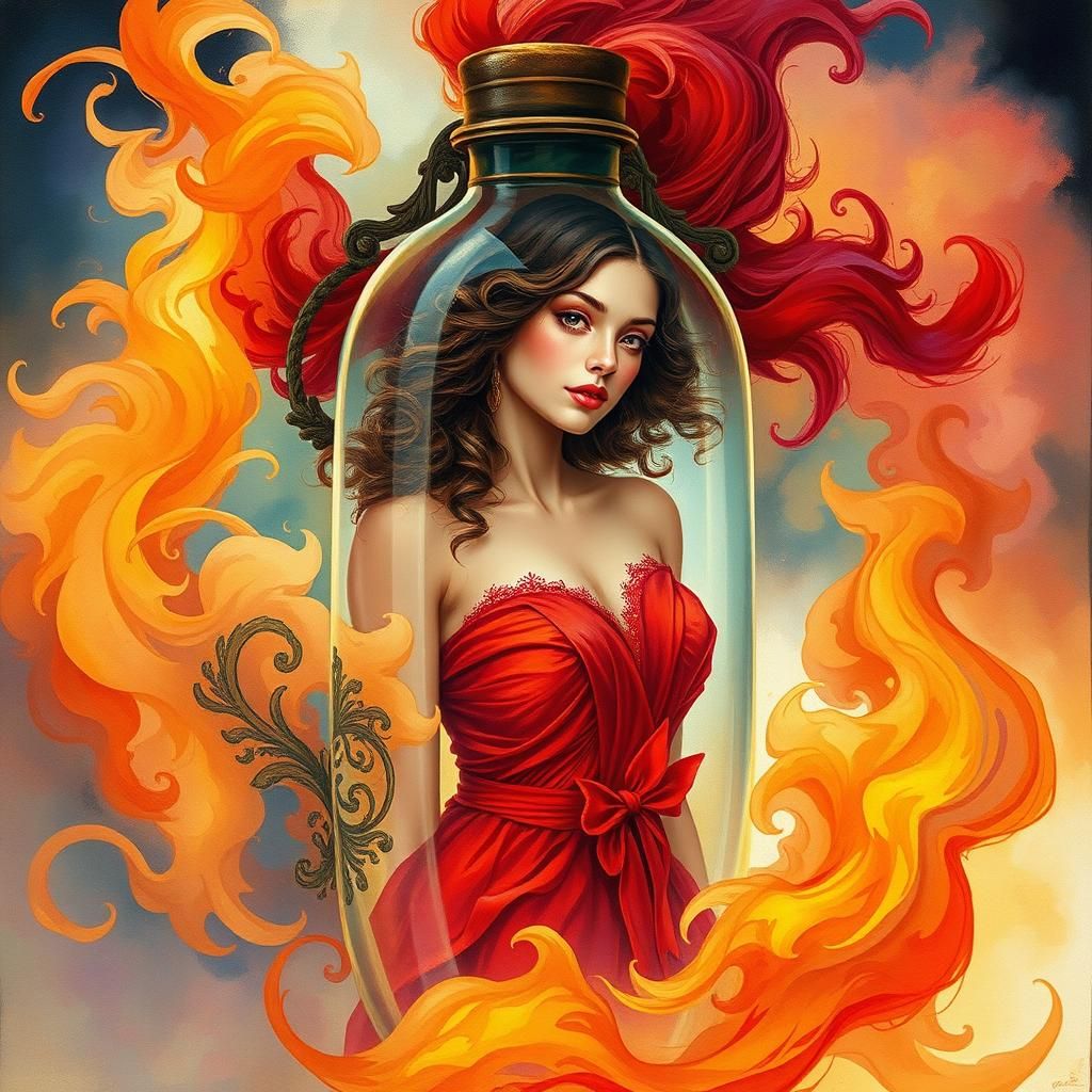 Woman in Glass Bottle: Pop Surrealist Dreamscape