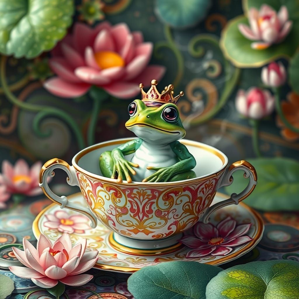 Whimsical Frog Prince in Teacup: A Fairy Tale Scene