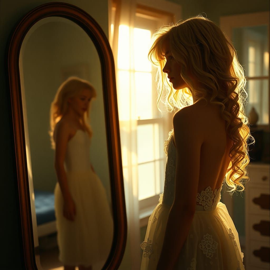 Boy in Lace Petticoat Contemplates Reflection