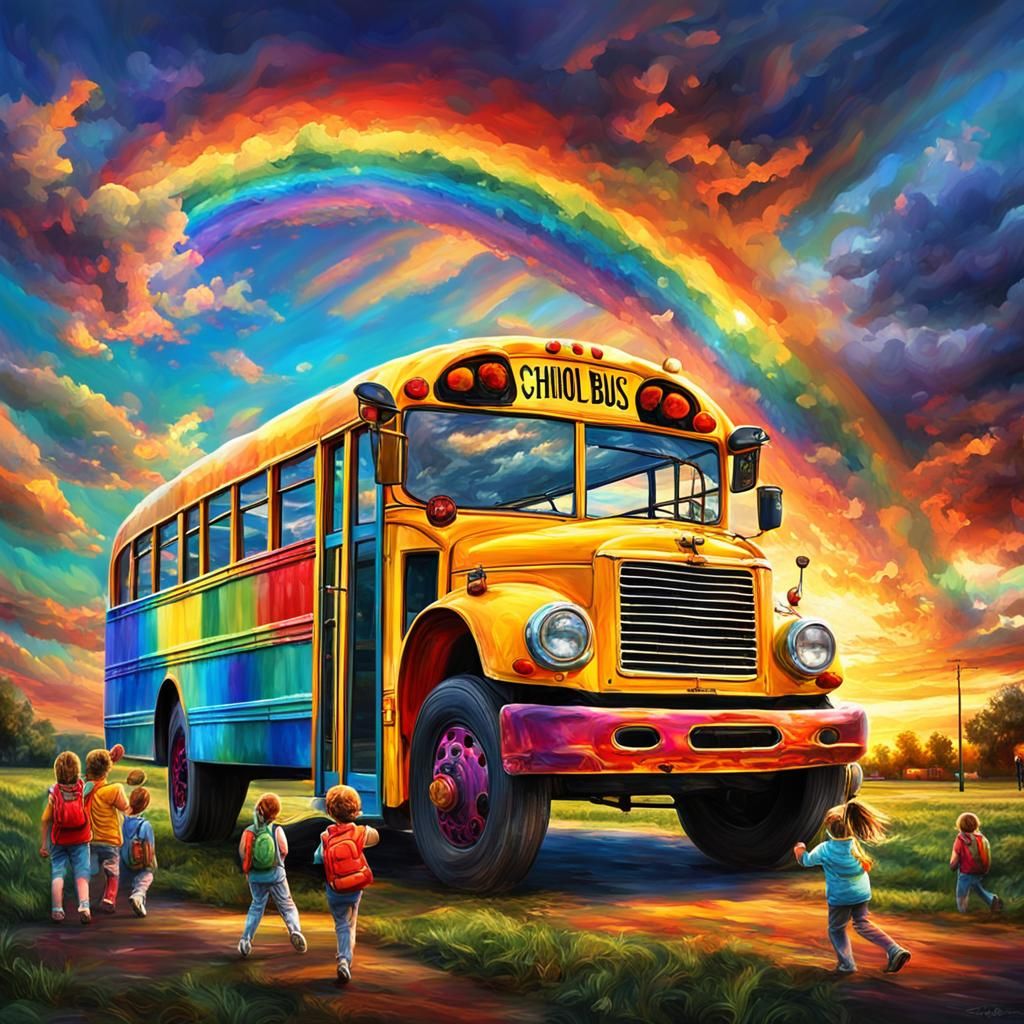 Rainbow School Bus: Vivid Digital Art at Sunset