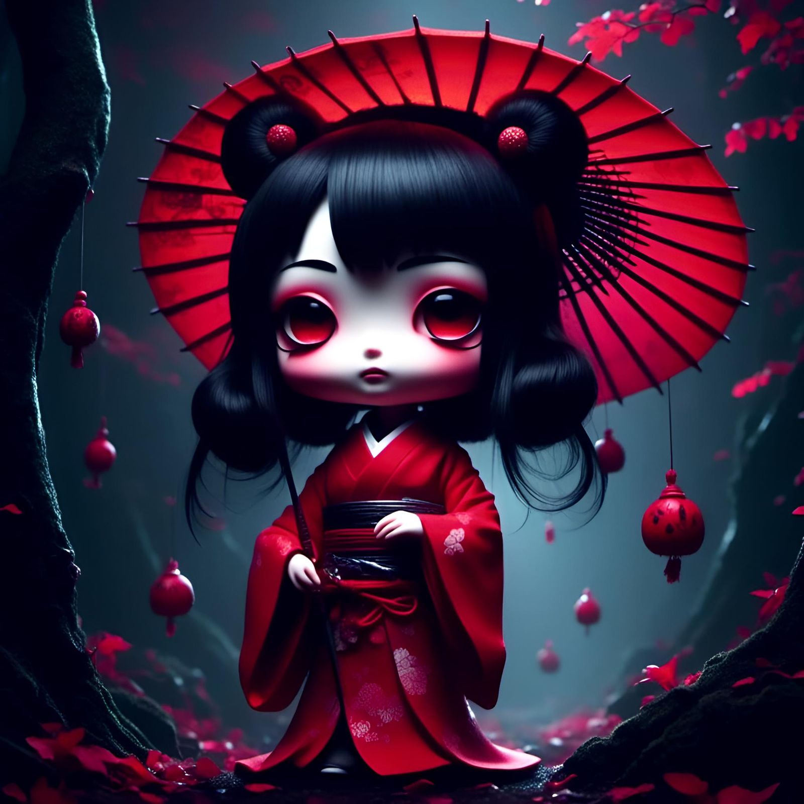 Chibi Geisha in Dark Horror Forest