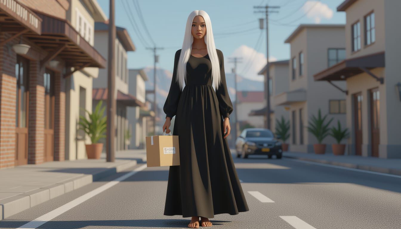 Beautiful Young African Woman in Black Dress, Hyperrealistic...