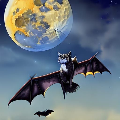 Giant Cat Plays with Moon, Watercolor Painting