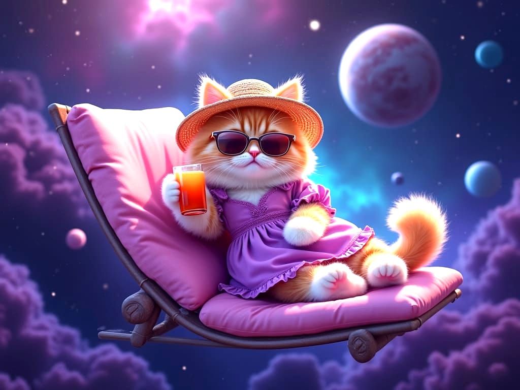 Cute Fluffy Cat in Vibrant Space Outfit