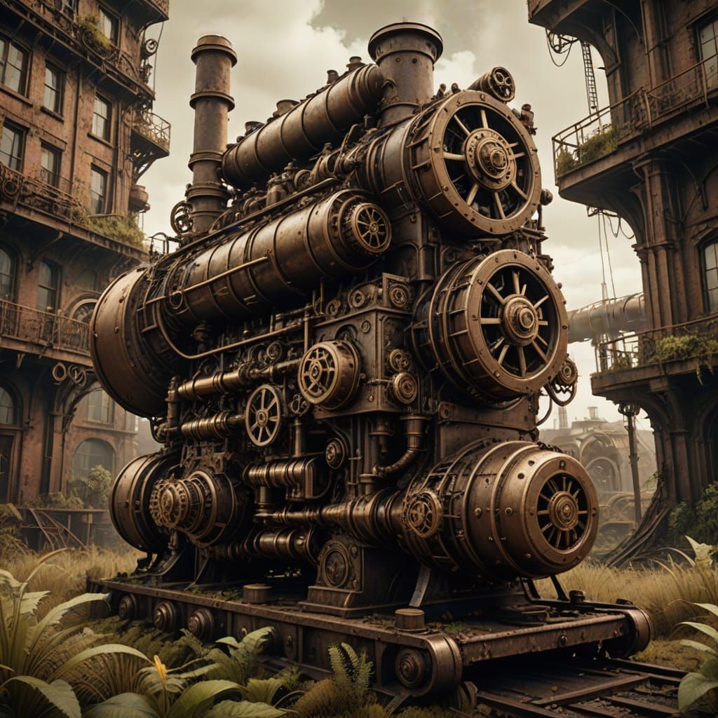 Steampunk Engine in Overgrown Victorian City