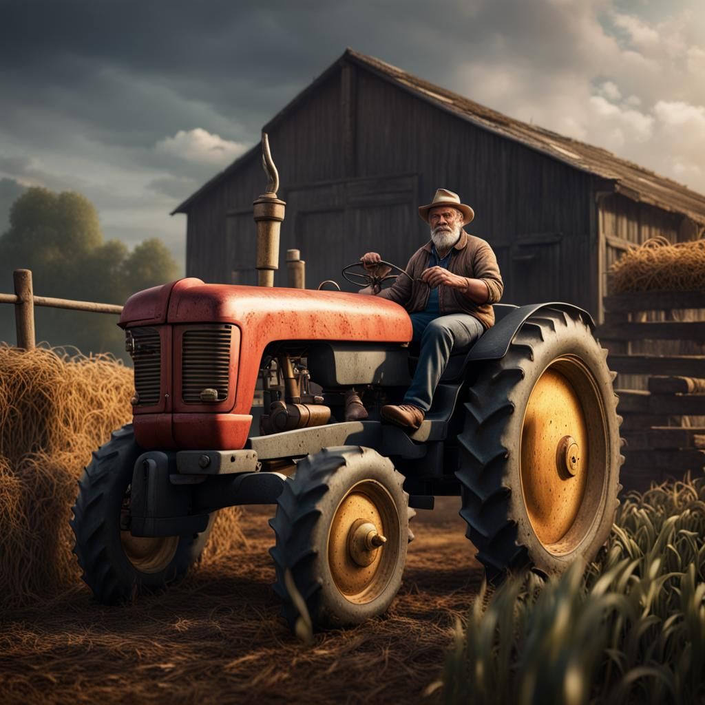 Old Farmer on Tractor: Ultra Realistic Photo