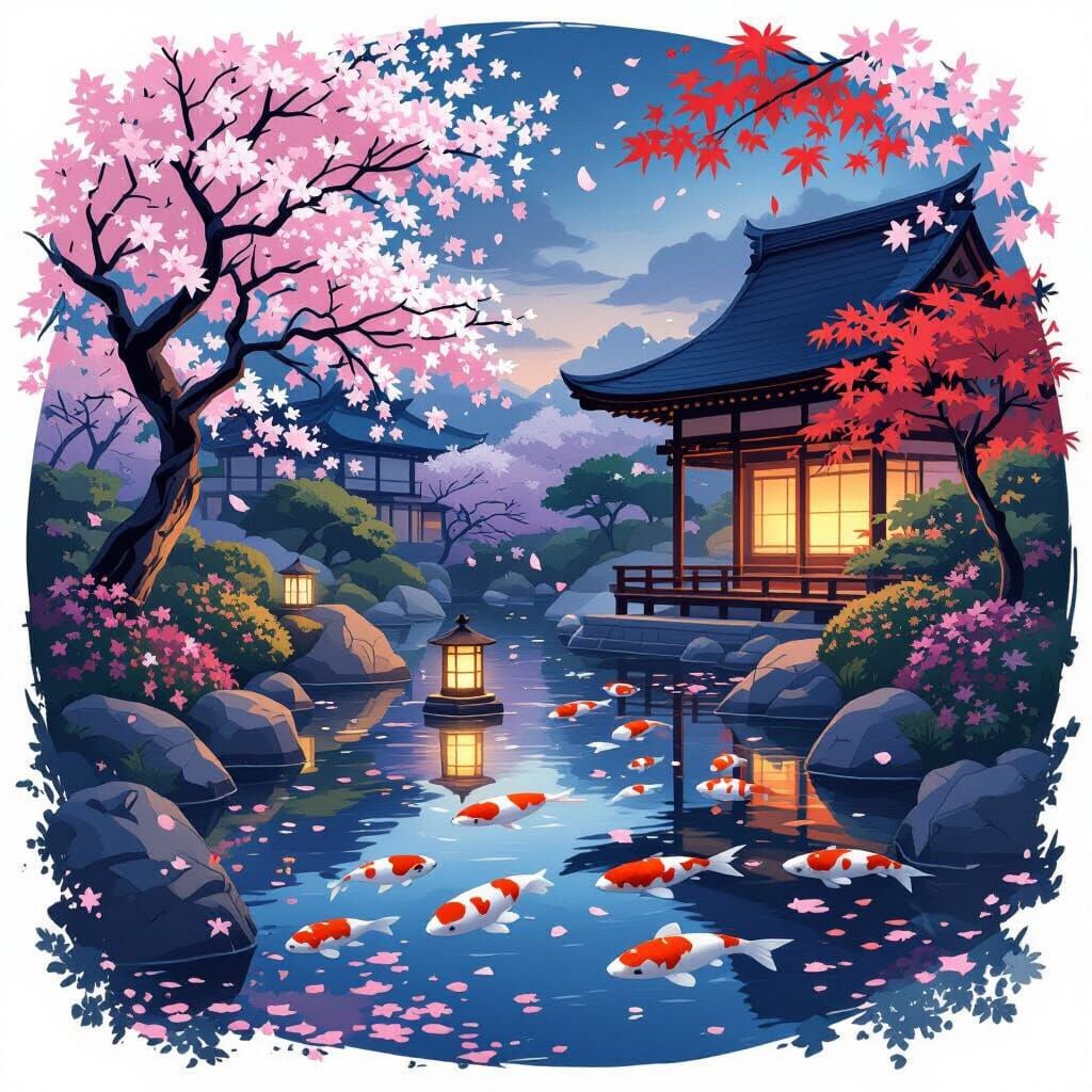 Japanese Garden at Twilight in Anime Style