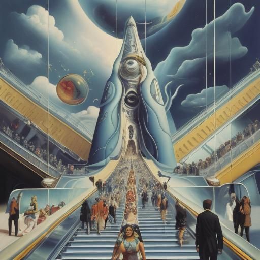 Escalator to Space: Surreal Oil Painting