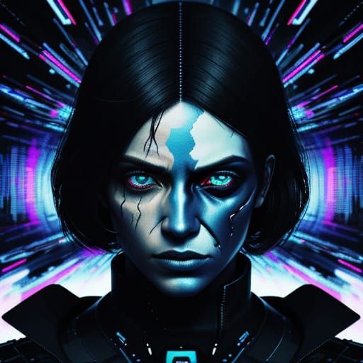 Distorted Glitch Face in Neon Dystopian Style