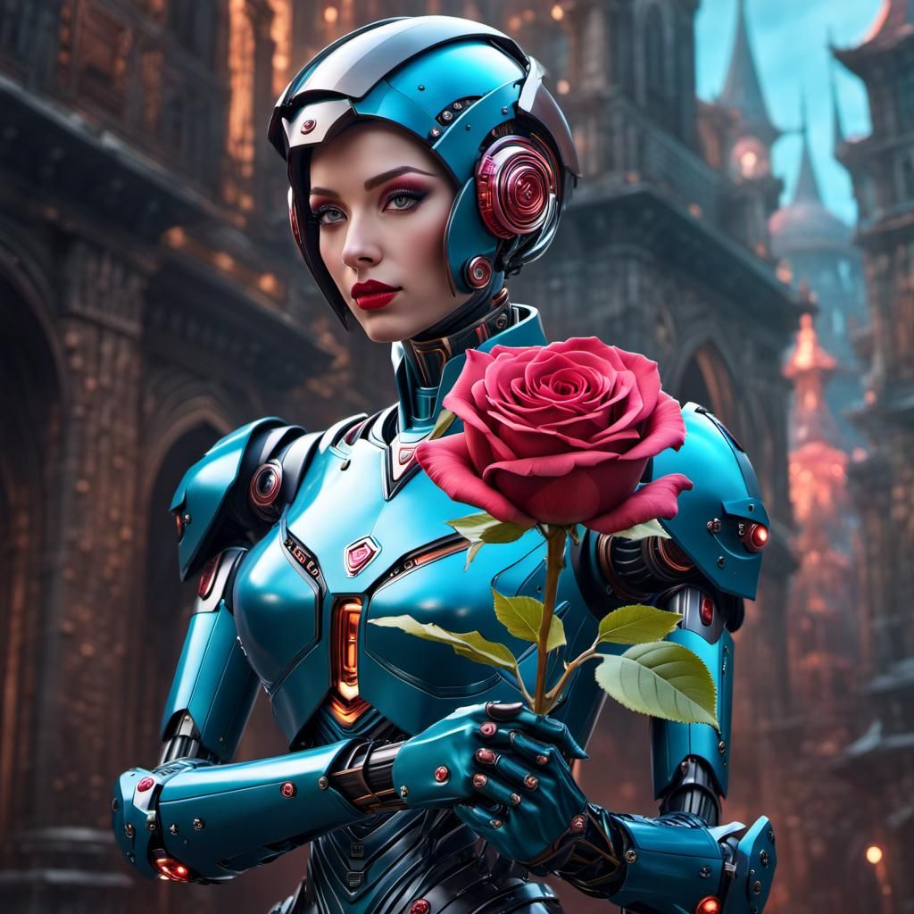 Robot Holding a Rose: Detailed Matte Painting