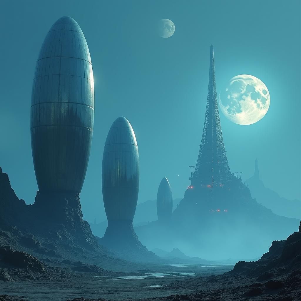 Alien Structures on Barren Planet in Retrofuturistic Style