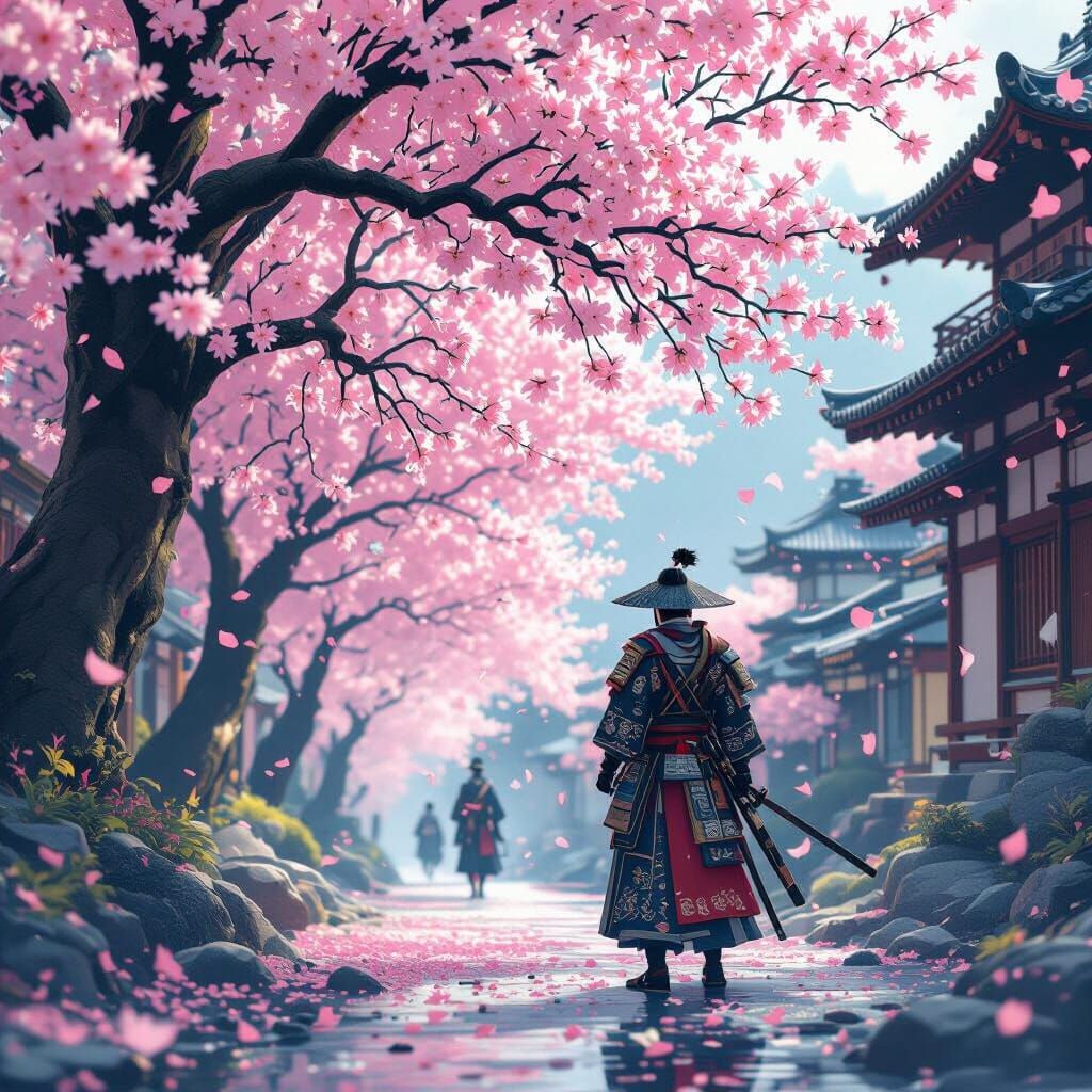 Samurai Under Sakura Trees, Ukiyo-e Style