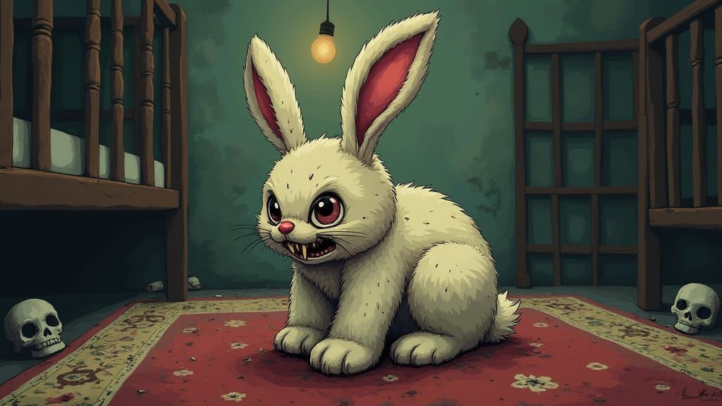 Menacing Bunny Plush Toy on Vintage Rug
