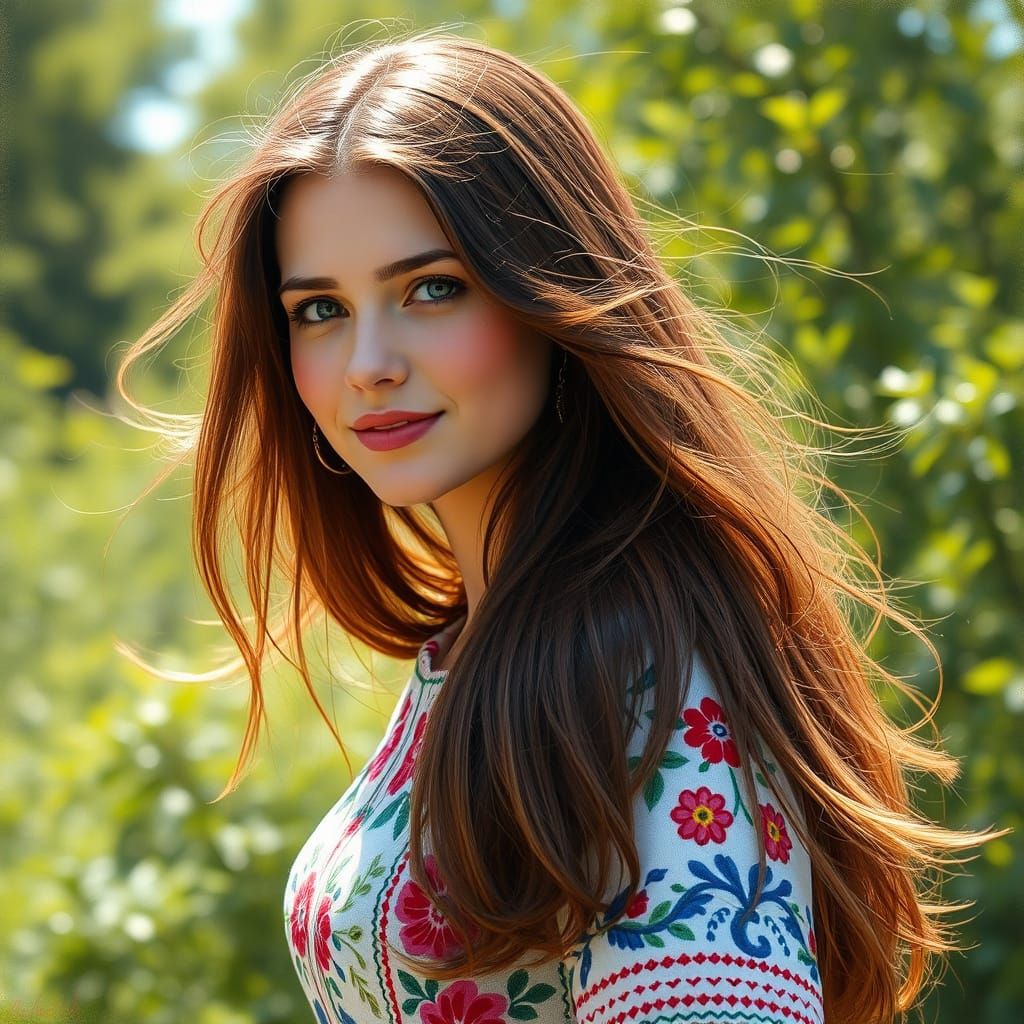 Young Woman in Vibrant Ukrainian Embroidered Shirt on a Sunn...