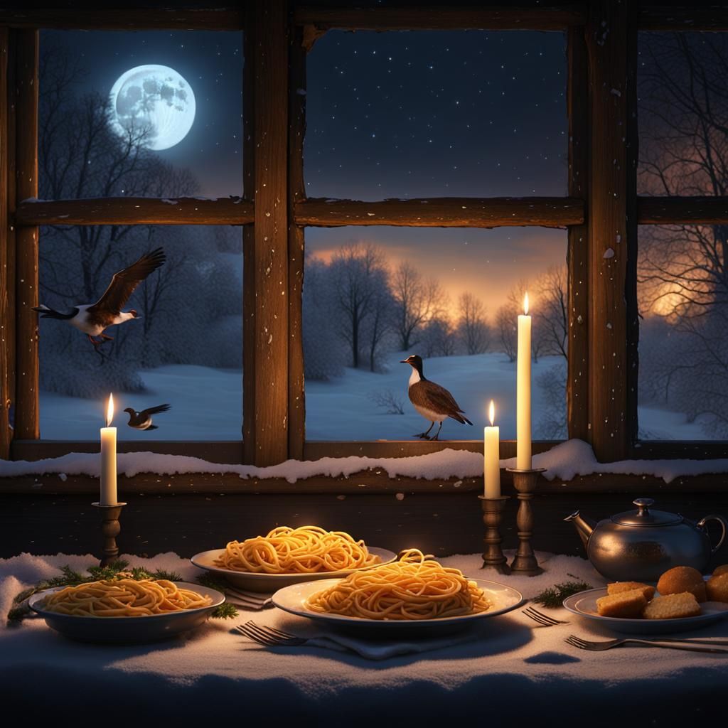 Schnitzel and Geese in Winter Night: Matte Painting