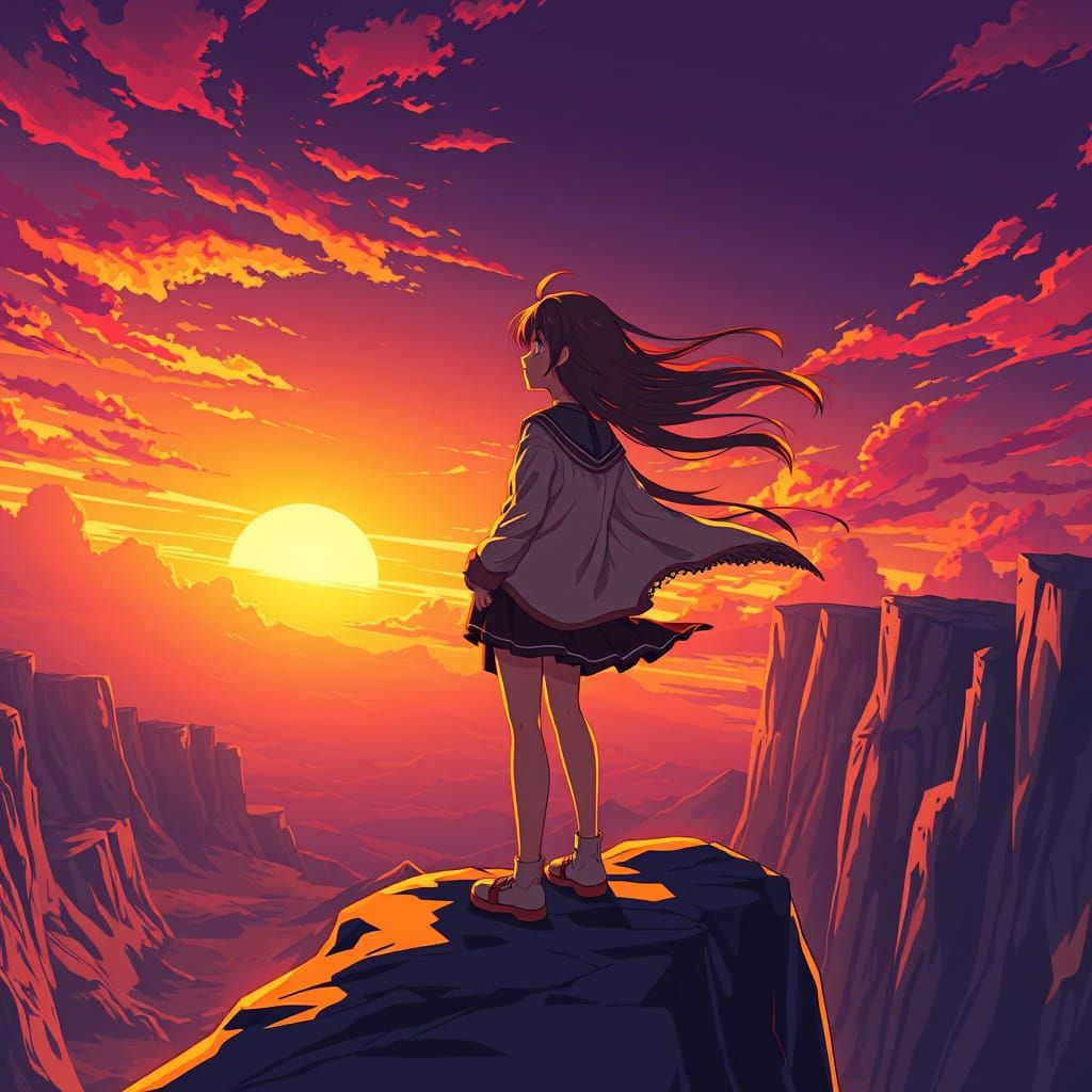 Glowing Sunset Girl Amidst Majestic Mountains in Vibrant Man...