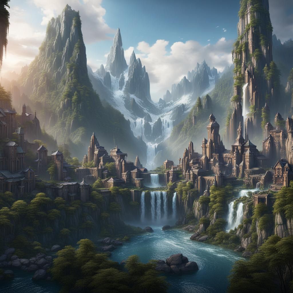 Fantastical Waterfall City in Vibrant Colors