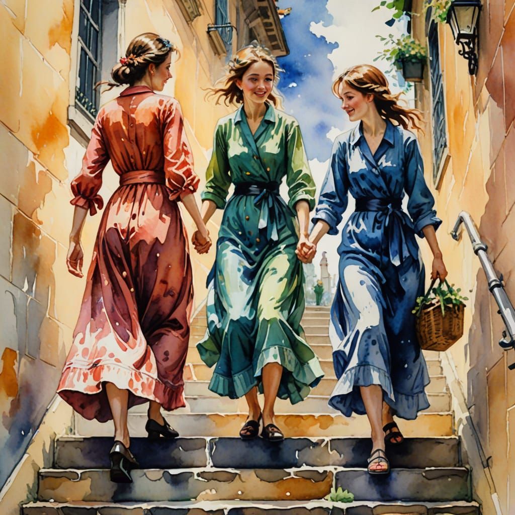 Three Radiant Ladies Ascend Staircase in Vibrant Gouache
