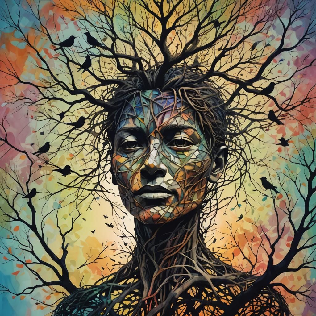 Entwined Tree Branch Human Head in Ink Art Style