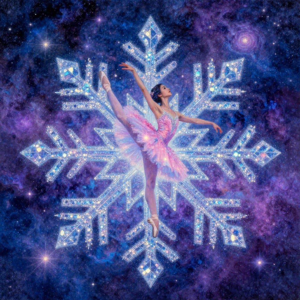 Ballerina on Snowflake in Celestial Twilight