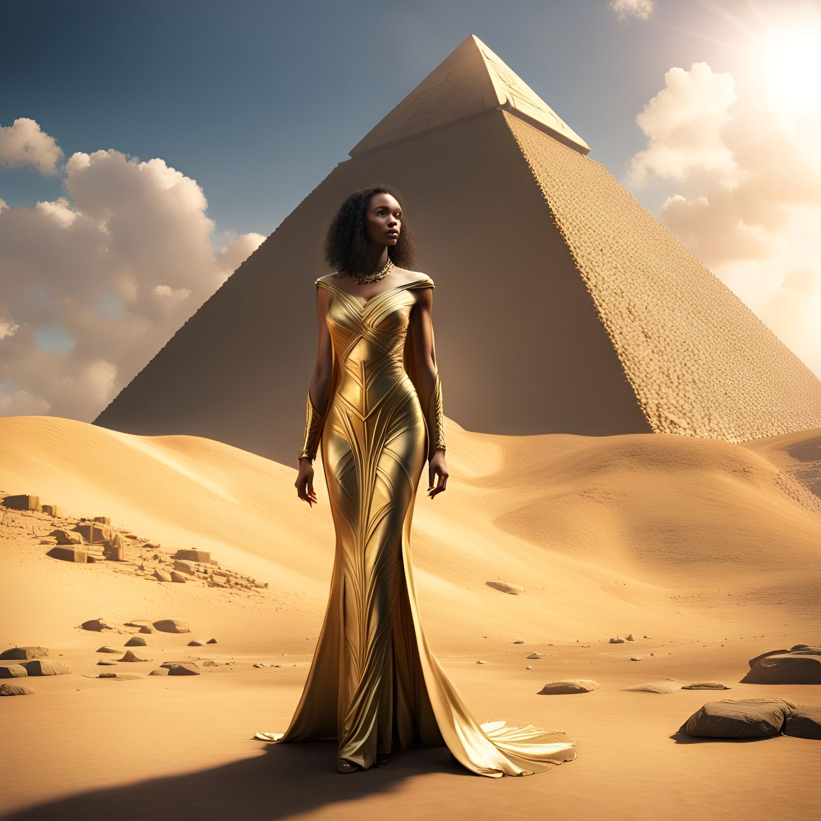 Supermodel in Gold Gown at Giza Pyramid: Digital Painting