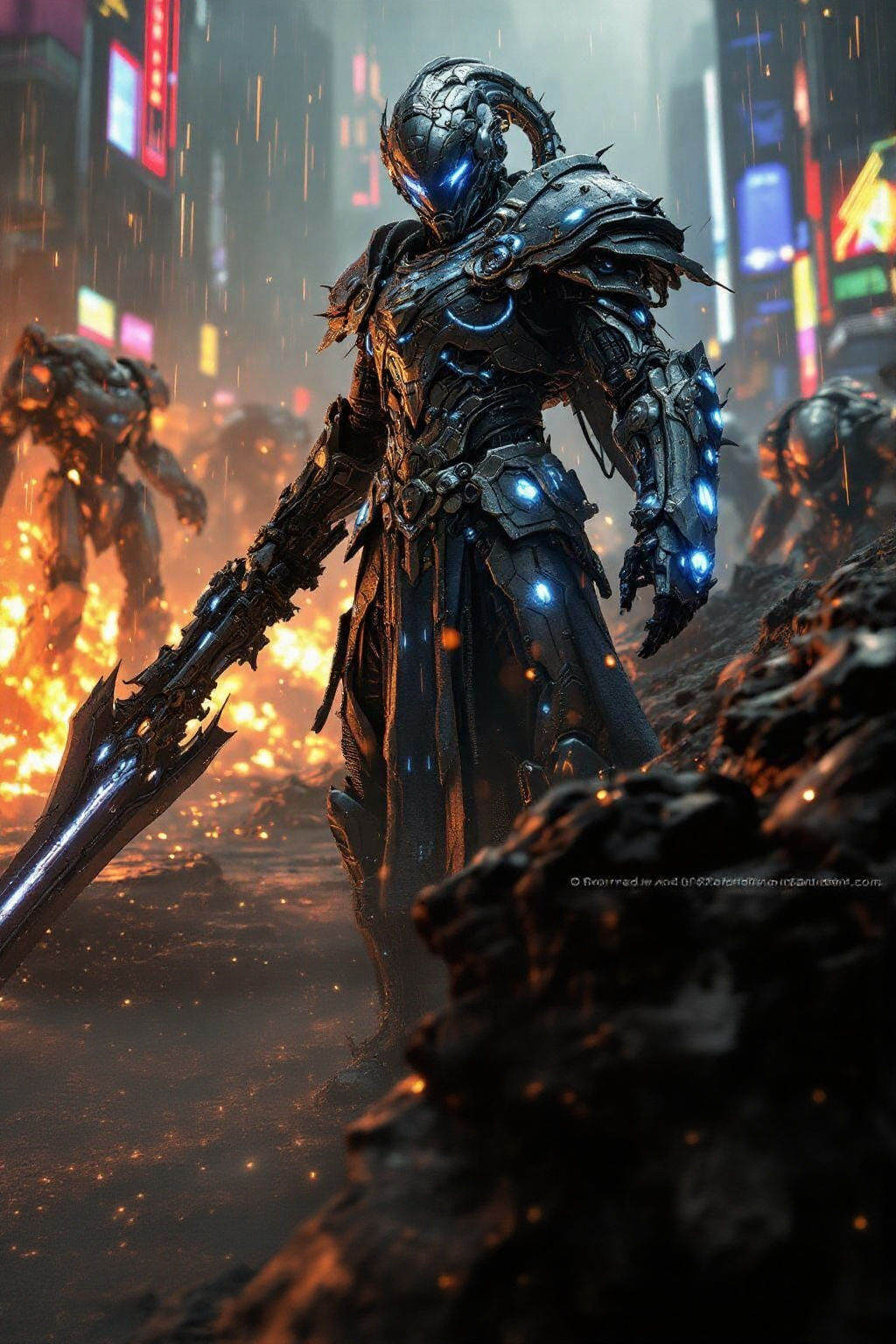 Cybernetic War Deity in Futuristic Battlefield