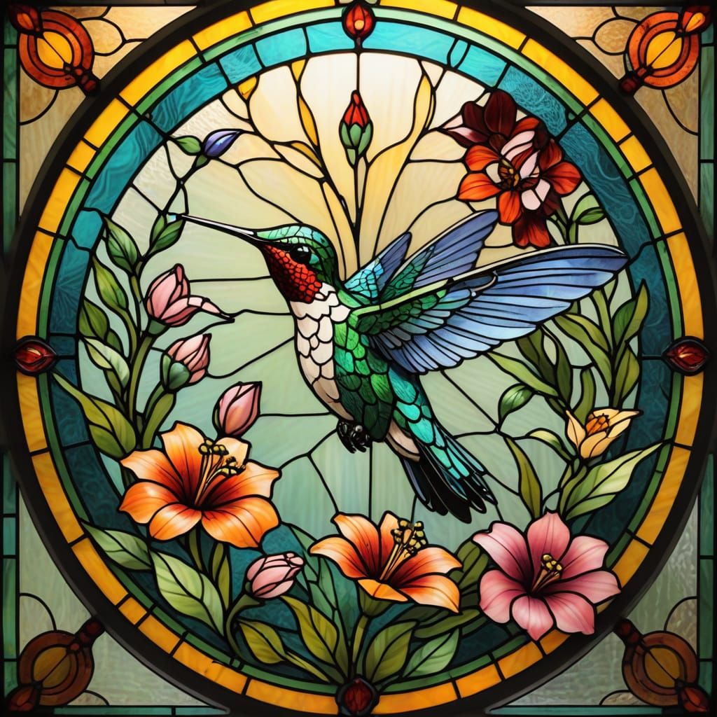 Art Deco Hummingbird Stained Glass Window