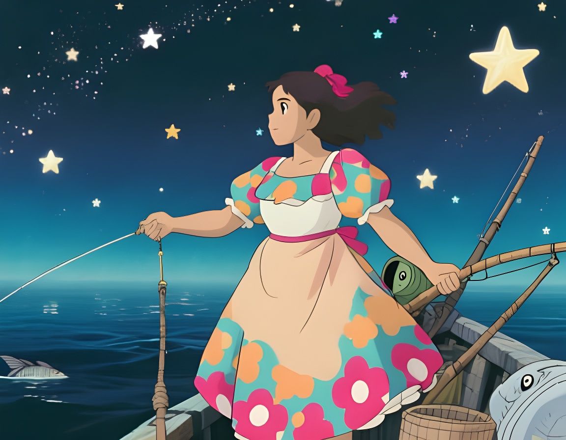 Latina Fisherman in Calico Dress, Star Panorama