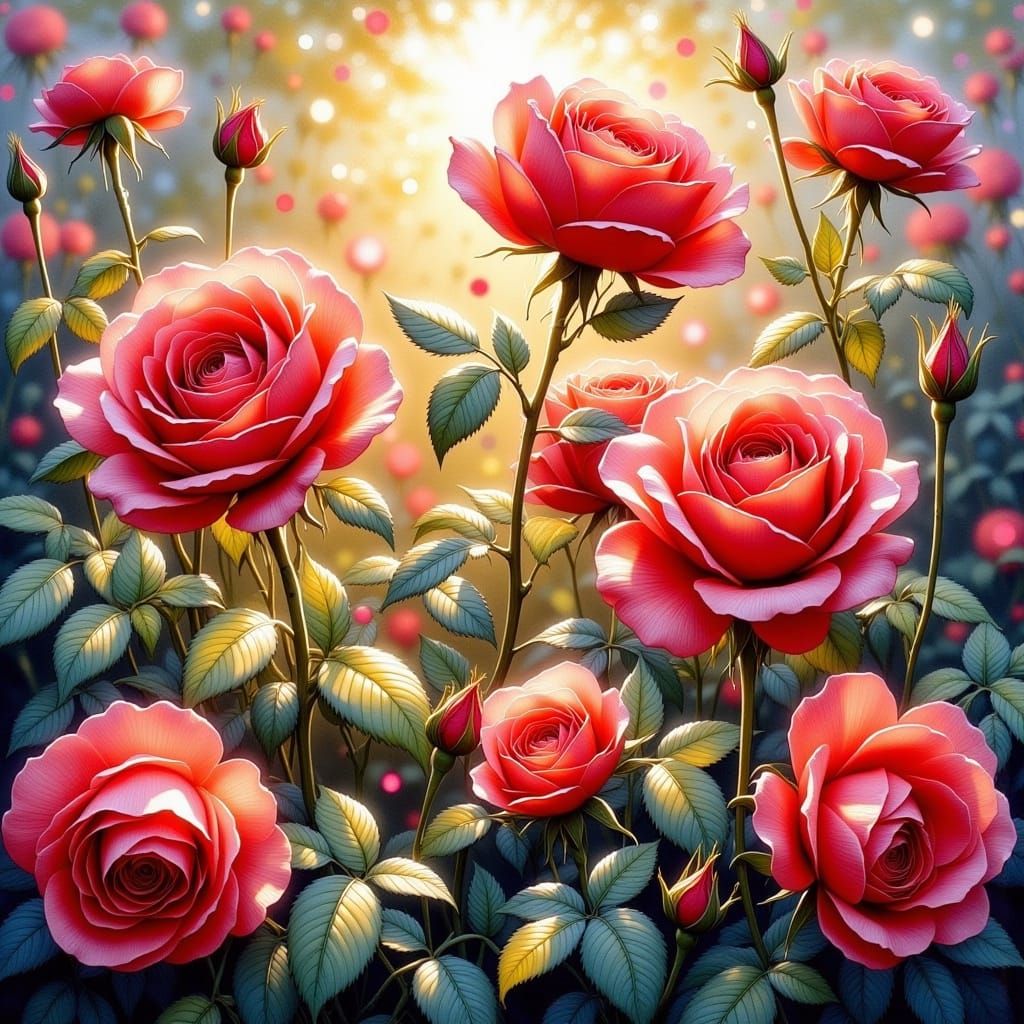 Impressionist English Red Roses in a Serene Garden