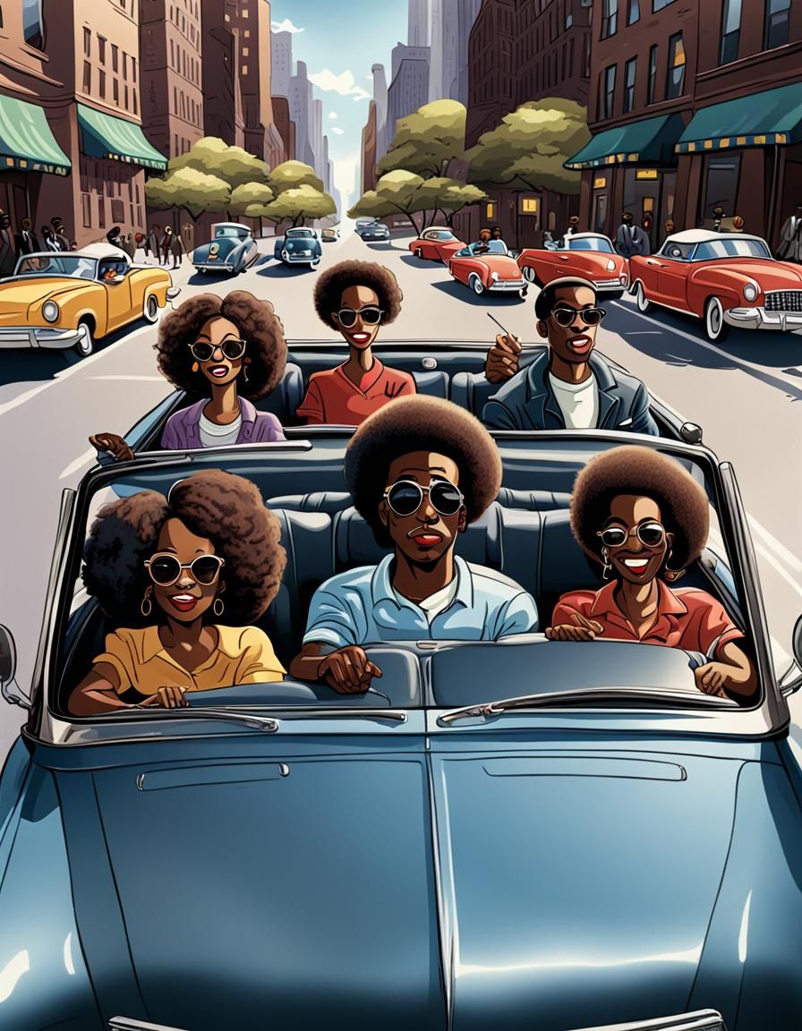 Afro Americans in Convertible, New Yorker Cartoon Style