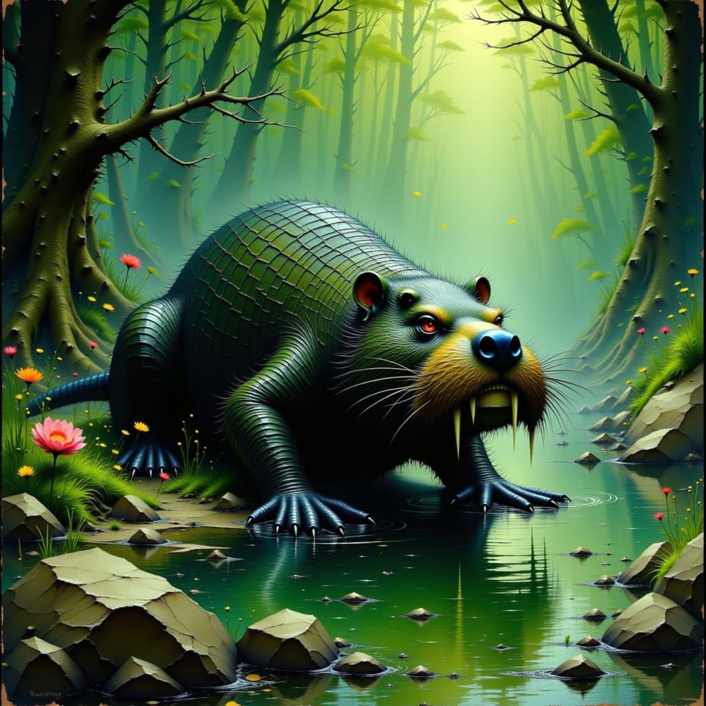 Afanc in Murky Lake, as Fantasy Illustration